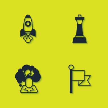 Roket gemisi, bayrak, bayrak tutan adam ve satranç ikonu ayarlayın. Vektör