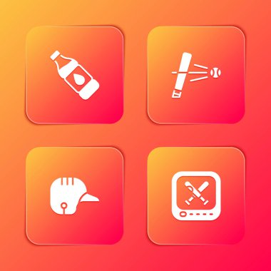 Bir şişe su, beyzbol sopası, top, kask ve Monitor beyzbol ikonu. Vektör