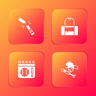 Kırık beyzbol sopası, spor çantası, maç ve beysbol toplu takvim, şapka ikonu. Vektör