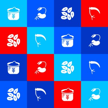 Bir torba un, filizlenme, tohum ve tırpan ikonu. Vektör