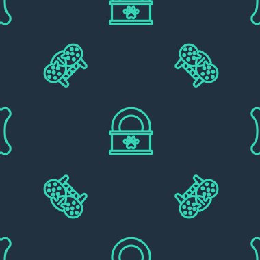 Konserve yiyecek, kedi dişi ve köpek kemiğini pürüzsüz desene ayarlayın. Vektör