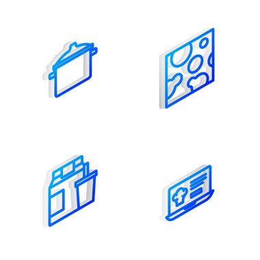 Isometric Line Cheese, Cooking pot, online sipariş, teslimat ve ikon 'u ayarlayın. Vektör