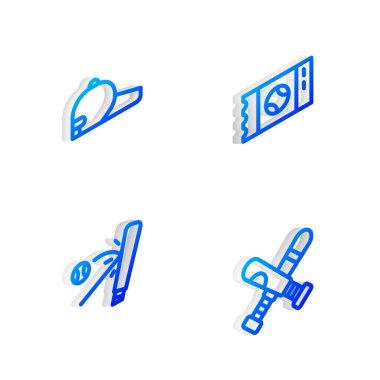 Beyzbol bileti, kep, beysbol sopası ve çapraz beysbol ikonu ayarla. Vektör