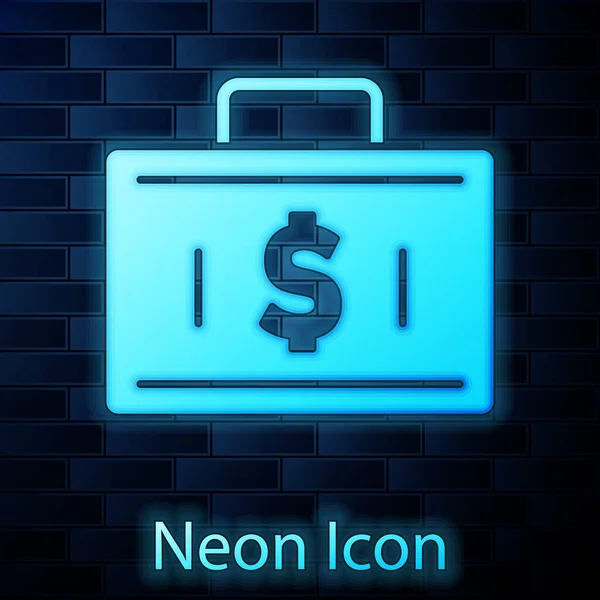 Glowing Neon Briefcase Money Icon Isolated Brick Wall Background Business — Stock Vector