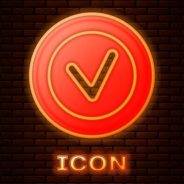 Brillante Neón Marca Verificación Icono Redondo Aislado Fondo Pared Ladrillo — Vector de stock