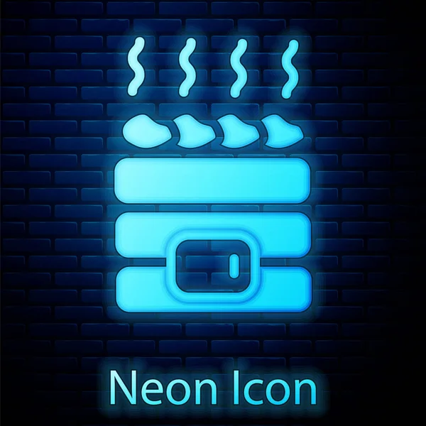 Icono Piedras Sauna Caliente Neón Brillante Aislado Fondo Pared Ladrillo — Vector de stock