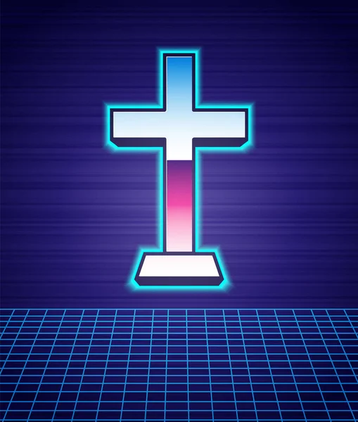 Estilo Retro Cruz Cristiana Icono Aislado Paisaje Futurista Fondo Cruz — Vector de stock