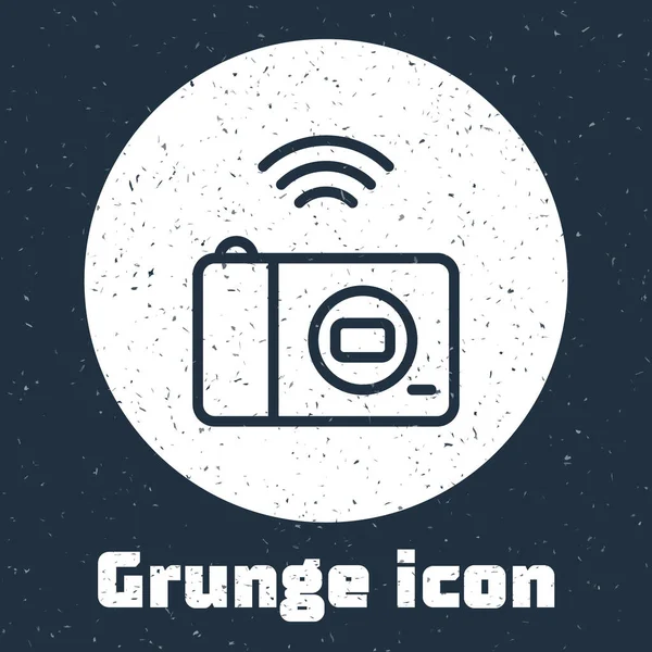 Grunge线智能摄影相机系统图标隔离在灰色背景 物联网概念与无线连接 单色复古绘画 — 图库矢量图片