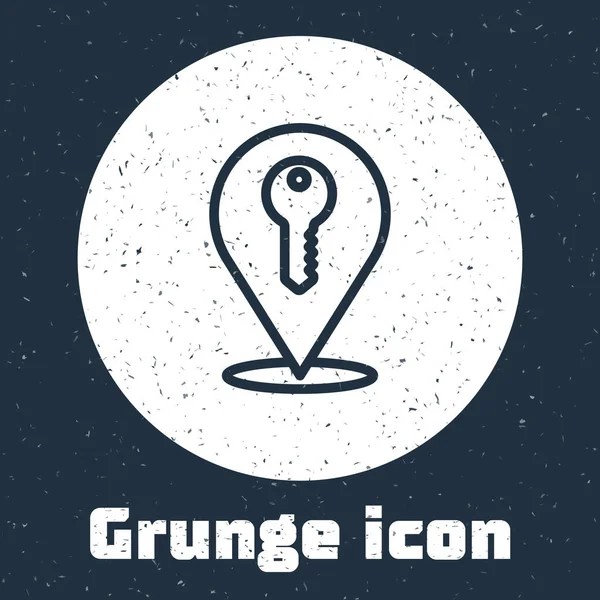 Línea Grunge Icono Clave Ubicación Aislado Sobre Fondo Gris Concepto — Vector de stock