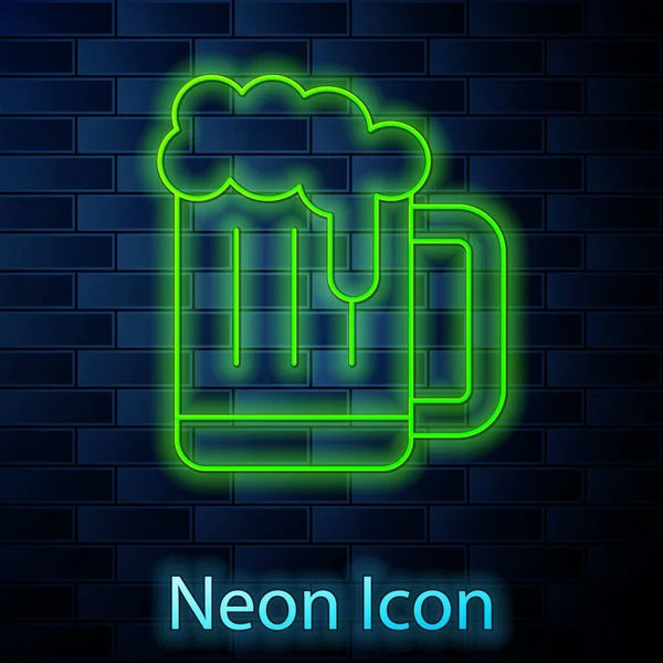 Glowing Neon Line Wooden Beer Mug Icon Isolated Brick Wall — Stock Vector