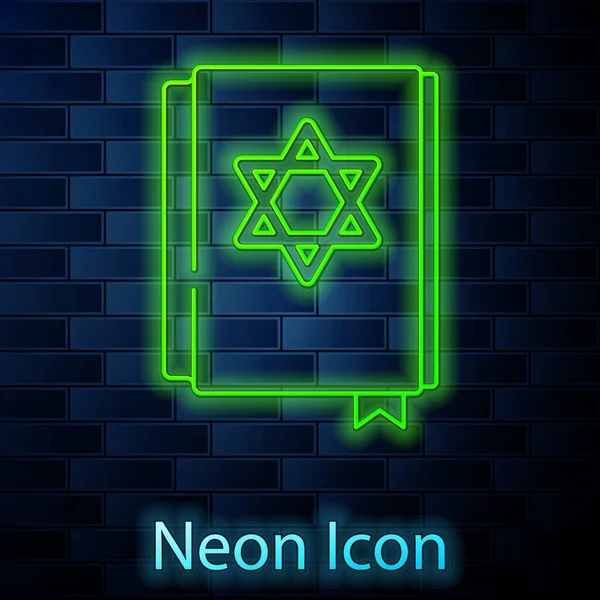 Glödande Neon Line Judisk Torah Bok Ikon Isolerad Tegelvägg Bakgrund — Stock vektor