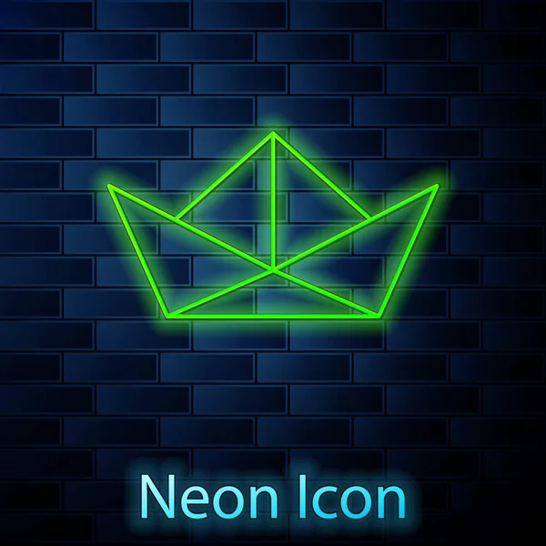 Zářící Neonová Čára Složený Papírový Člun Ikona Izolované Cihlové Zdi — Stockový vektor