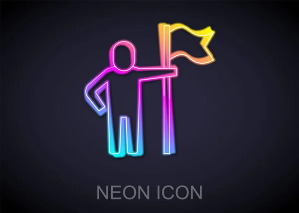 Glowing Neon Line Man Memegang Ikon Bendera Terisolasi Latar Belakang - Stok Vektor