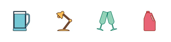 Set Glas Bier, Tischlampe, Gläser Champagner und Haushaltschemikalien Flasche Symbol. Vektor — Stockvektor