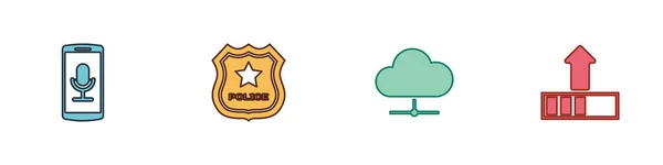 Set Mobile recording, Police badge, Network cloud connection and Loading icon. Vector — Stock Vector