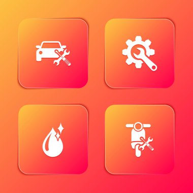 Araba servisini, ingiliz anahtarını, temiz su damlasını ve Scooter ikonunu ayarlayın. Vektör