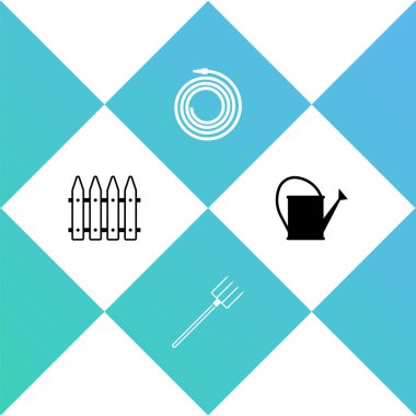 Bahçe çitini, tırmığı, hortumu ve su kutusu ikonunu hazırlayın. Vektör