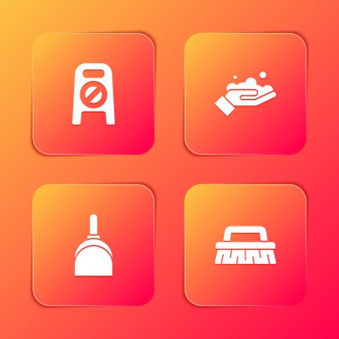 Yerleri ıslatın, yerleri temizleyin, elleri sabunla yıkayın, faraş ve ikon için fırçalayın. Vektör