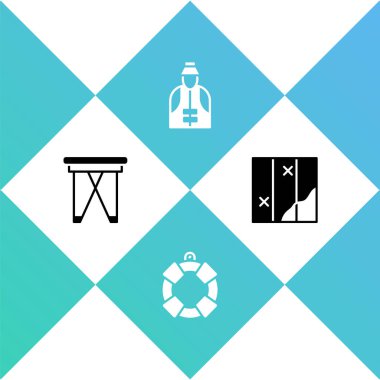 Katlanan sandalye, Lifebuoy, Balıkçı ve Katlanmış harita simgesini ayarla. Vektör