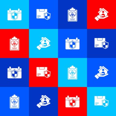 Takvimi kalkan, teslimat güvenliği, sağlık sigortası ve ev ikonu ile ayarla. Vektör