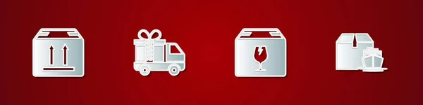 Conjunto de caja de cartón con tráfico, Entrega regalo camión, contenido frágil y caja de carga icono. Vector — Archivo Imágenes Vectoriales