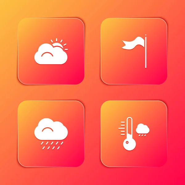 Puesta de sol y nube, veleta de viento meteorología, nube con lluvia y termómetro icono. Vector — Vector de stock