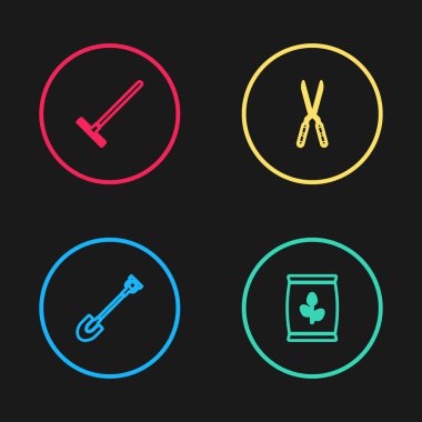 Bahçe küreği, gübre torbası, bahçe yapımı el yapımı makas ve tırmık ikonu. Vektör