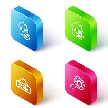 Isometric Line House 'u dolar, işaret, kira ve arama evi simgesi olarak işaretle. Vektör