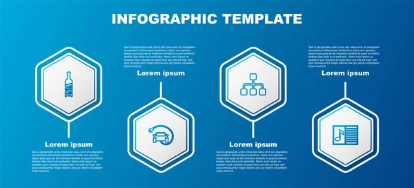 Definir linha Garrafa de vinho, Carro elétrico, Hierarquia organograma gráfico e Livro de música com nota. Modelo de infográfico de negócios. Vetor — Vetor de Stock