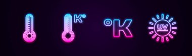 Meteoroloji termometresi, Kelvin ve UV koruması ayarlayın. Parlayan neon ikonu. Vektör
