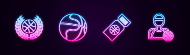 Basketbol topu, basketbol, maç bileti ve oyuncuyla set-line ödülü. Parlayan neon ikonu. Vektör