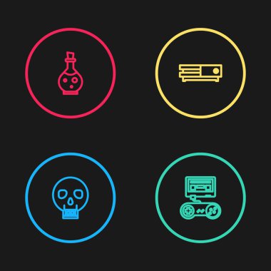 Çizgi Skull, oyun konsolu, joystick, video oyunu ve şişe ikonu. Vektör