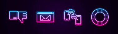 Dislike, Mail ve E-mail, Chat mesajlarını cep telefonuna ve Lifebuoy 'a ayarla. Parlayan neon ikonu. Vektör