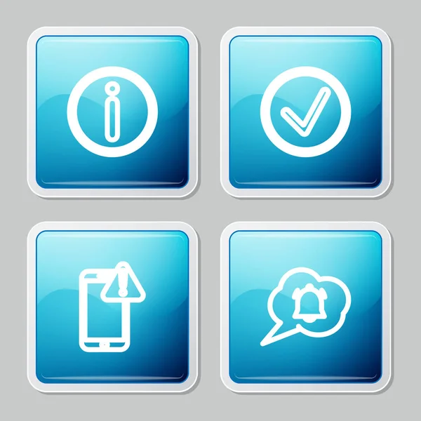 Zeileninformationen setzen, Häkchen im Kreis, Mobiltelefon mit Ausrufezeichen und Sprechblasen-Chat-Benachrichtigungssymbol. Vektor — Stockvektor