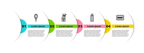 Set line Espejo de mano, Botella pistola de peluquería, Gel de afeitar espuma y Barra de jabón con. Plantilla de infografía empresarial. Vector — Vector de stock