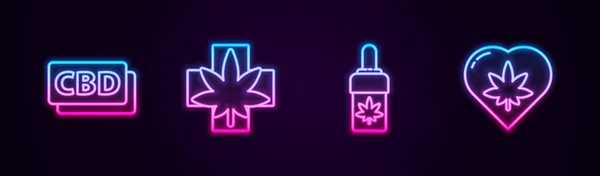 Set line Cannabis-Molekül, medizinisches Marihuana oder Cannabisblatt, Marihuana-Olivenöl und im Herzen. Leuchtende Leuchtschrift. Vektor — Stockvektor