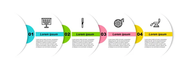 Set line Sehtest Diagramm, medizinische Säge, Chirurgenlampe und Zahnarztstuhl. Geschäftsinfografische Vorlage. Vektor — Stockvektor