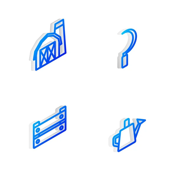 Set Isometrische Linie Sichel, Bauernhaus, Holzkasten und Gießkannen-Symbol. Vektor — Stockvektor