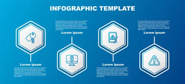 Definir linha Chave marcada, Bloquear no monitor do computador, Tablet com ponto de exclamação e Exclamação em triângulo. Modelo de infográfico de negócios. Vetor — Vetor de Stock