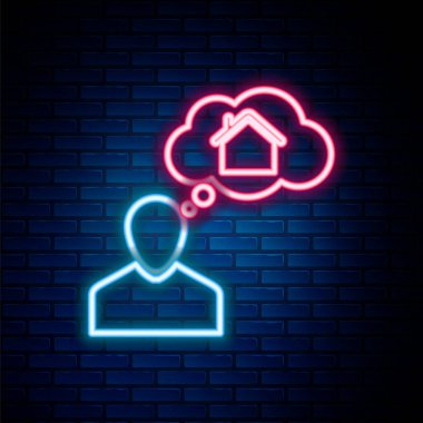 Parlayan neon hattı adamı, duvarda izole edilmiş yeni bir ev ikonu almayı hayal ediyor. Renkli taslak konsepti. Vektör