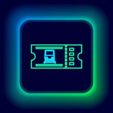 Parlayan neon hattı tren bileti ikonu siyah arka planda izole edildi. Demiryolu ile seyahat et. Renkli taslak konsepti. Vektör