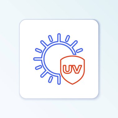 Beyaz arkaplanda izole edilmiş çizgi UV koruma simgesi. Güneş ve kalkan. Ultra menekşe ışınları radyasyon. SPF güneş işareti. Renkli taslak konsepti. Vektör