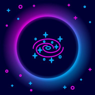 Siyah arkaplanda izole edilmiş yıldız simgesiyle parlayan neon çizgisi Samanyolu sarmal gökadası. Renkli taslak konsepti. Vektör