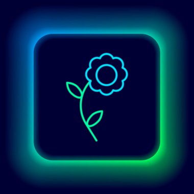 Parlayan neon hattı çiçek simgesi siyah arkaplanda izole edildi. Renkli taslak konsepti. Vektör