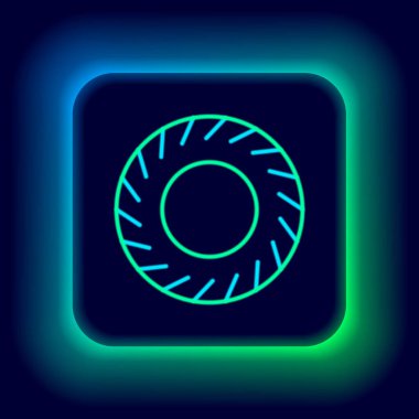 Parlak neon çizgili araba tekerleği ikonu siyah arka planda izole edildi. Renkli taslak konsepti. Vektör