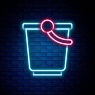 Parlayan neon hattı Bucket simgesi tuğla duvar arka planında izole edildi. Renkli taslak konsepti. Vektör