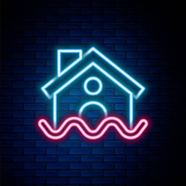 Parlayan neon hattı ev sel ikonu tuğla duvar arkasında izole edildi. Suyun altındaki evi sel basıyor. Sigorta konsepti. Güvenlik, güvenlik, koruma, konsept koruma. Renkli taslak konsepti. Vektör