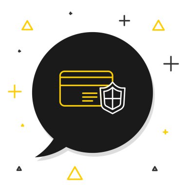 Beyaz arkaplanda kalkan simgesi olan çizgi kredi kartı. Çevrimiçi ödeme. Nakit çekilmesi. Finansal operasyonlar. Alışveriş tabelası. Renkli taslak konsepti. Vektör