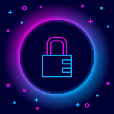 Parlayan neon hattı güvenli kilit simgesi siyah arkaplanda izole edildi. Kombinasyon asma kilit. Güvenlik, güvenlik, koruma, şifre, gizlilik. Renkli taslak konsepti. Vektör