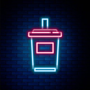 Duvarda izole edilmiş pipet ve su ikonu ile parlayan neon şeritli kağıt bardak. Soda bardağı. Taze soğuk içecek sembolü. Renkli taslak konsepti. Vektör